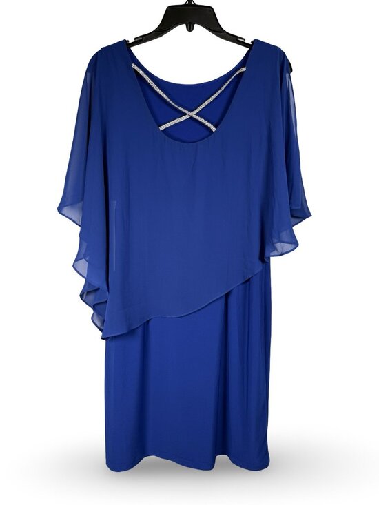 MSK Chiffon Sheath Rhinestone Trim Dress Womens M Royal Blue Asymmetric Cape - Picture 4 of 12